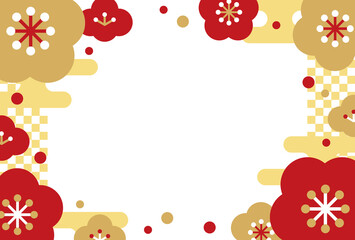 和風　梅の花×市松模様のフレーム素材（横向き）