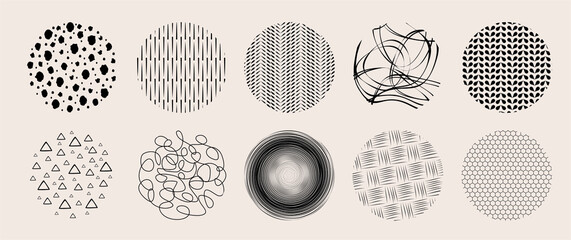 Circle textures with hand drawn textures made with ink pencil brush geometric patterns of spots dots strokes stripes lines