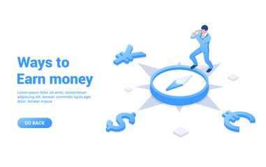 Ways to earn money concept. Businessman looking for opportunities to make money. Vector illustration in isometric style. Isolated on white background.