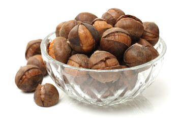 chinese food, peeled roasted chestnut on white background