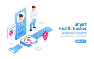 Smart health tracker concept. Smart gadgets for tracking the physical indicators of the body. Digital health care. Vector illustration in isometric style. Isolated on white background