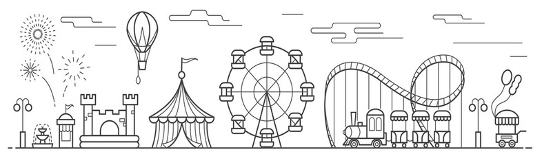 Panorama of an amusement park with a ferris wheel, circus, rides, balloon, bouncy castle. Landscape of urban park. Outline vector illustration