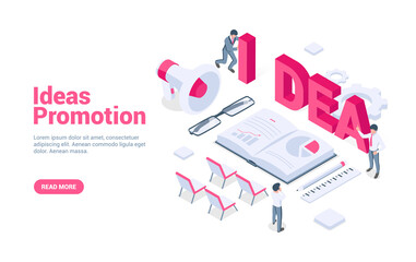 Concept of the development and promotion of ideas. People create innovative projects and developments for business. Isometric vector illustration. Isolated on white background.
