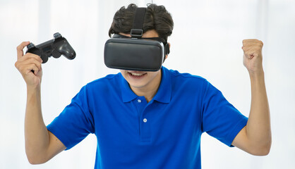 Man playing videogame in virtual reality