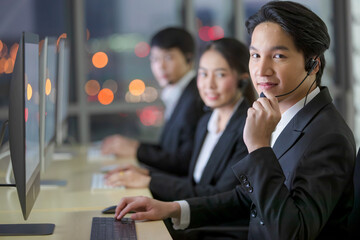 Team of workers wearing headphone headset and working with happy face in front of computer screen at call center in office with bokeh of light from outside. Overtime and 24 hours service concept