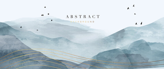 mountain and golden line arts background vector. Oriental Luxury landscape background design with watercolor brush and gold line texture. Wallpaper design, Wall art for home decor and prints. - obrazy, fototapety, plakaty