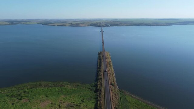 Aerial capture of the Tiet&ecirc; River. Intermodal waterway port. 4K.