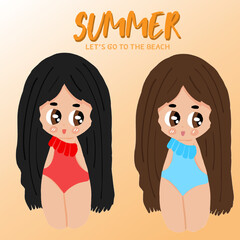 Cute Girls Summer Swimsuit Beach vector illustration