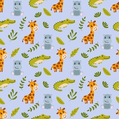 Obraz premium Jungle. Seamless pattern with cute hand-drawn animals. Design for fabric, textile, wallpaper, packaging, nursery decoration.