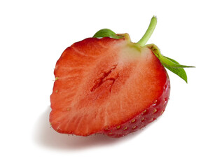 Red strawberry in cut isolated on white background. Full focus of half a ripe berry.