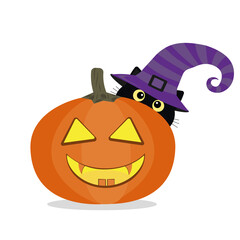 Black cat in a witch hat for Halloween with pumpkin, cartoon style, isolated vector