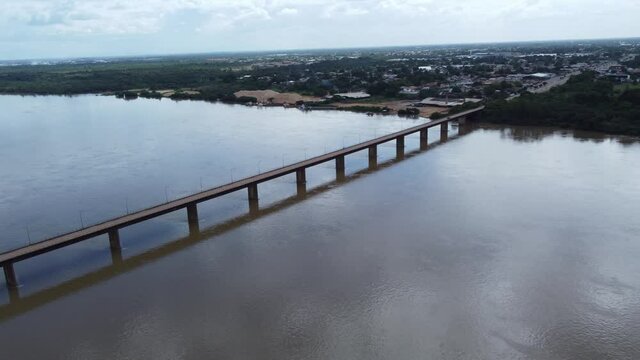 Aerial image with drone of the Rio Branco river and the bridge in the City of Boa Vista, Roraima, Brazil.