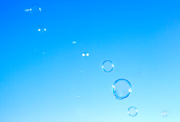 soap bubbles fly against the blue sky