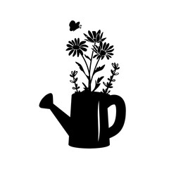 garden watering can with flowers, a bouquet of chamomile with lovanda. vector. silhouette. eps - obrazy, fototapety, plakaty