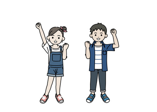 元気な男の子と女の子のイラスト ガッツポーズ 子供 小学生 低学年 全身 Stock ベクター Adobe Stock