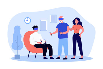 Adult children showing elderly father virtual reality glasses. Flat vector illustration. Son and father playing virtual reality games, holding controllers. VR, technology, game, family concept