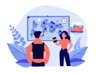 Cartoon man and woman planning trip. Flat vector illustration. Happy couple standing near map with backpack and passport and dreaming about car family travel. Family trip, travel, tourism concept