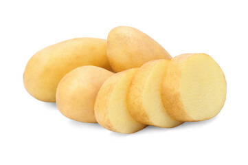 Fresh new potatoes cut into slices on a white isolated background.