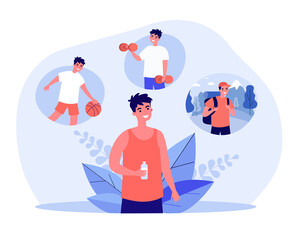 Sportsman holding bottle of water and thinking about sports. Man dreaming of playing volleyball, lifting dumbbells, going camping flat vector illustration. Fitness, healthy lifestyle concept