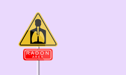 Severe alert message. Radon, a contaminant that affects indoor air quality worldwide. Banner with reference to background radiation. Silhouette with lungs on soft purple fund. Watchful signal.