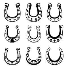 Set of illustrations of horseshoe. Design element for poster, card, logo, label, sign. Vector illustration