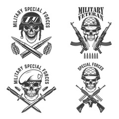 Military veteran. Special forces. Crossed assault rifles with soldier skull in army helmet. Design element for logo, label, sign, emblem. Vector illustration