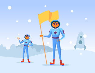 Cartoon aliens characters getting out on North. Frog newcomer standing with flag vector illustration. Snow in background. UFO, travelling, winter concept