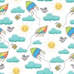 Children's illustration: kites in the sky, the sun, 
clouds and birds. Active family vacation. Seamless pattern. Vector image on a white background