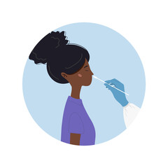 African woman does PCR test. Nasal swab laboratory analysis. Covid-19 Coronavirus testing. Doctor takes swab. Vector illustration in flat cartoon style.