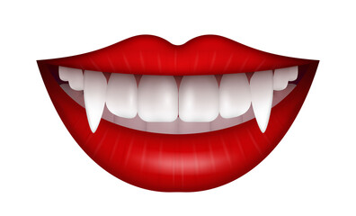 Vector Illustration with vampire mouth open red sexy lips and long teeth isolated on a white background.