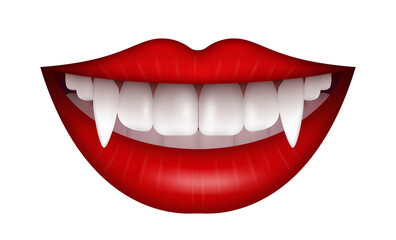 Naklejka premium Vector Illustration with vampire mouth open red sexy lips and long teeth isolated on a white background.