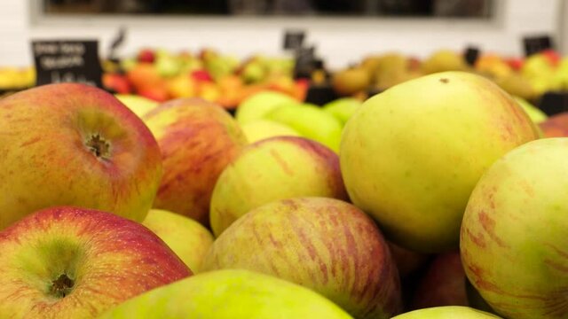 Pan backward across sea of apples at a store ready for purchase without packaging