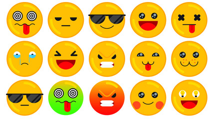 Set of emoticon smiley icons. Cartoon emoji set. Flat design emoticon set. Vector illustration.