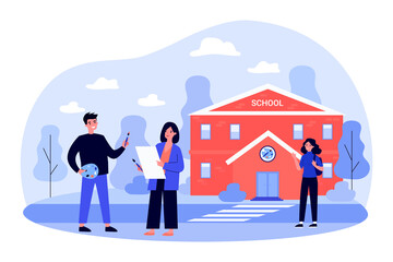Art school students standing outside and talking. Man holding palette and paintbrush, greeting friend, woman holding painting flat vector illustration. Education, painter, friendship concept © Bro Vector