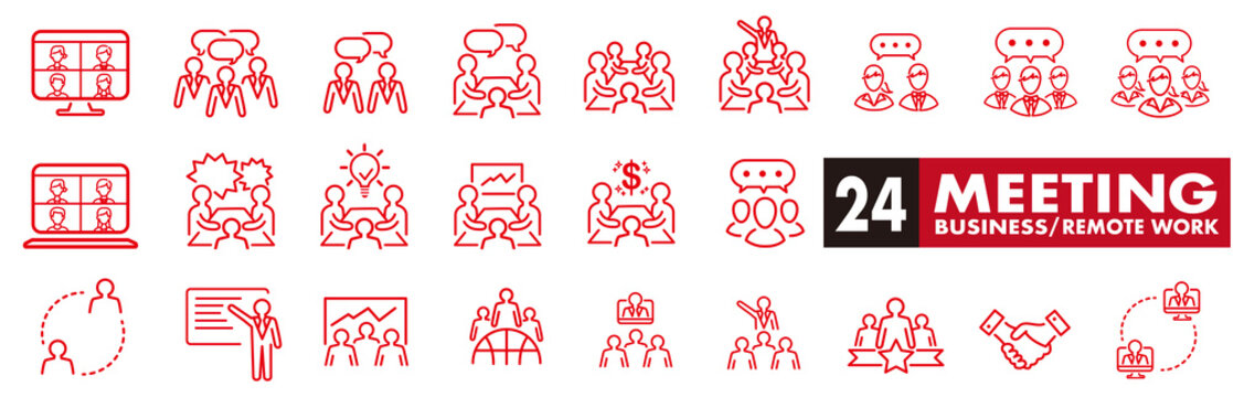 Meeting line icon set. Included icons as meeting room, team, teamwork, presentation, idea, brainstorm and more.