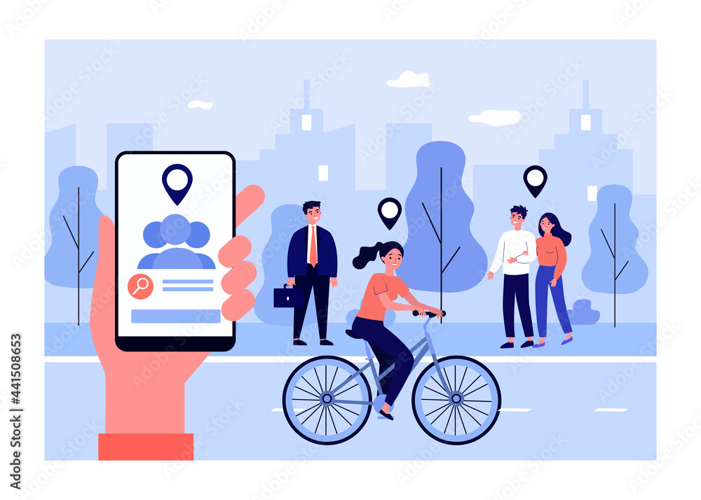 Poster geolocation function in modern gadgets. flat vector illustration. hand holding smartphone determinin