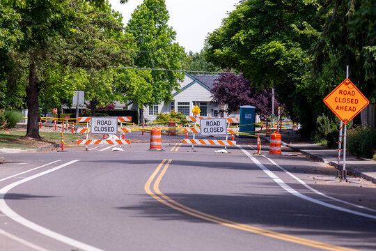 Road barricades with sign "Road closed" at a road construction site, Hillsboro, Oregon