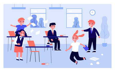 Children having fun in classroom while teacher absent. Flat vector illustration. Girls and boys going crazy, jumping, laughing, making mess in classroom at break. Childhood, behavior, school concept