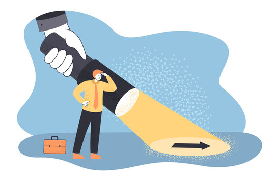 Giant hand holding flashlight guiding business person. Businessman or detective searching for solution of problem flat vector illustration. Achievement, success concept for banner, website design