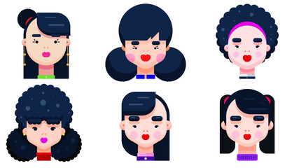 Set of woman faces with various hairstyle. Collection of young girls portraits. Different avatars of black haired girl. Flat Design Vector illustration.

