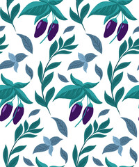 Seamless pattern with eggplants on the bushes and basil twigs on a white background. Vector natural flat texture. Gardening and horticulture. Wallpaper and fabric with herbs and vegetables.