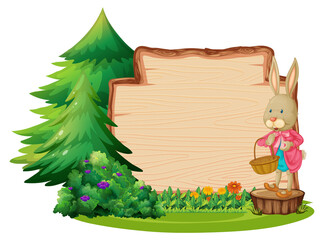 Empty wooden board with a rabbit and garden element isolated