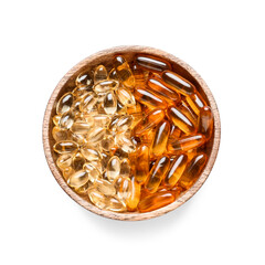 Bowl with fish oil pills on white background