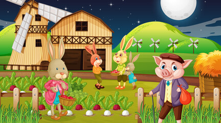 Farm at night scene with rabbit family and a pig cartoon character