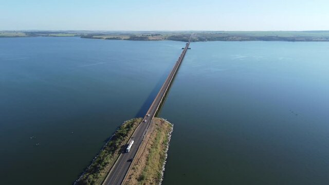 Aerial capture of the Tiet&ecirc; River. Intermodal waterway port. 4K.