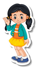 Sticker template with a girl in standing posing cartoon character isolated