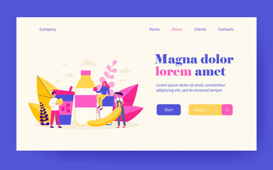 Tiny people with huge fruits and milk bottle. Cocktail, strawberry, banana flat vector illustration. Healthy food and beverages concept for banner, website design or landing web page