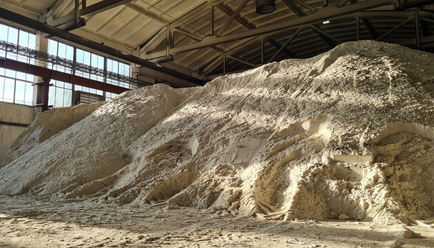 Pile of ammonium sulfate powder inside a warehouse of chemical plant. Mineral organic fertilizers for agriculture.