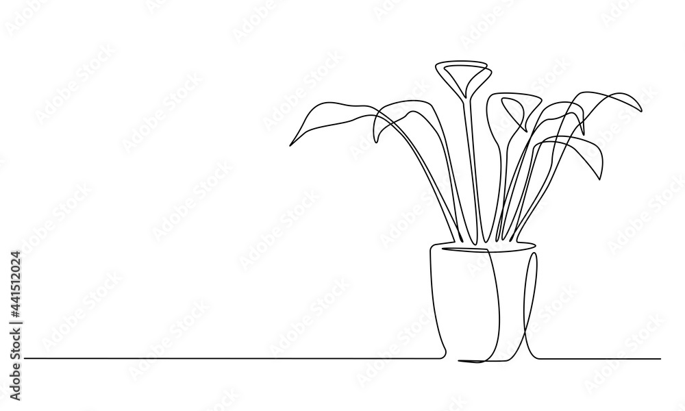 Poster one continuous line drawing of house deciduous plant in pot. beautiful home flower in simple linear 
