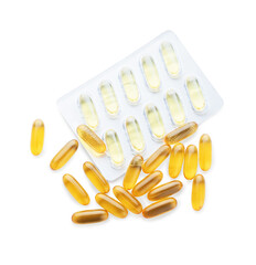 Blister package with fish oil capsules on white background